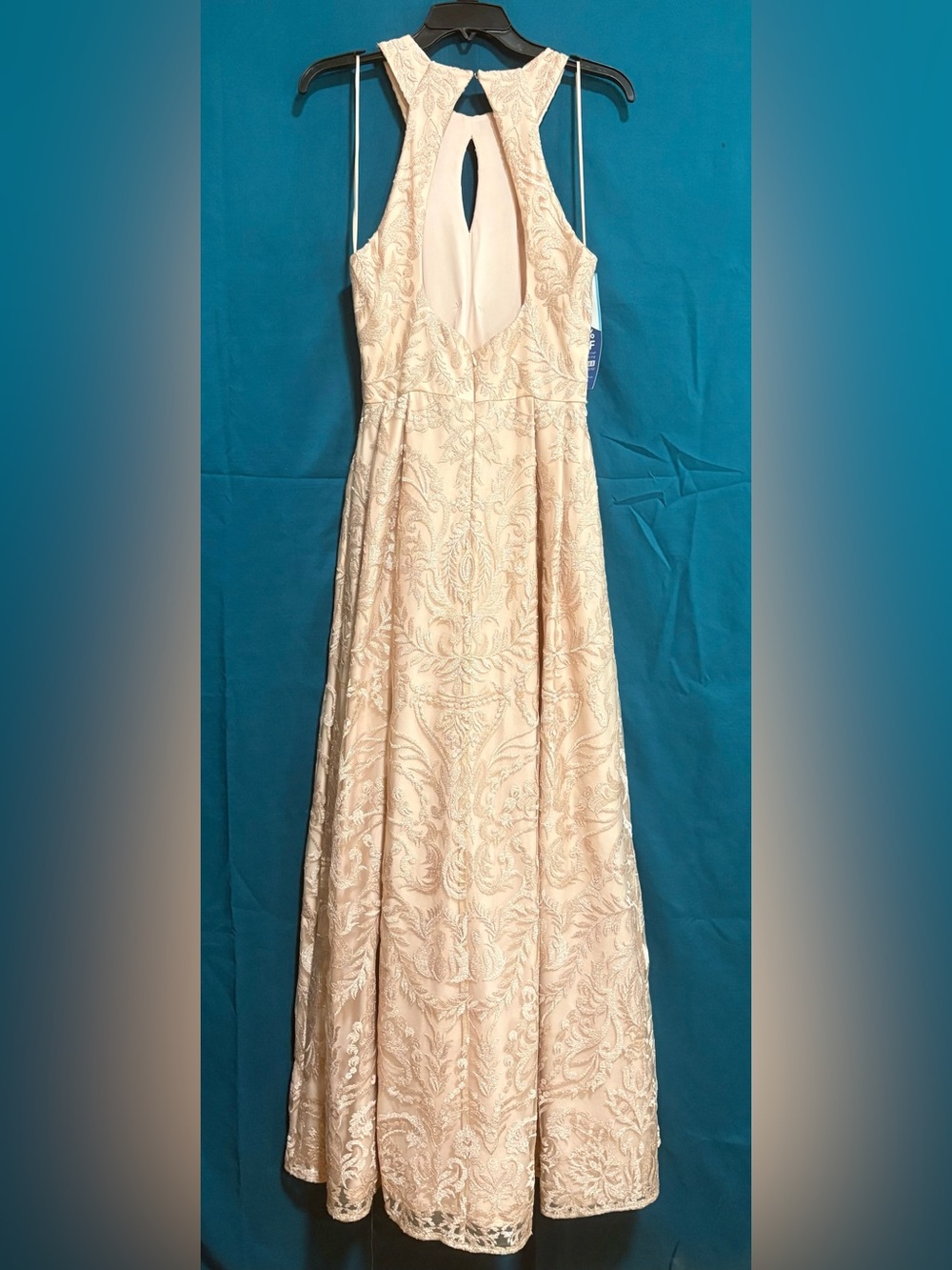 Morgan & Co. Blush Lace Maxi Dress with Keyhole Neckline and Pockets